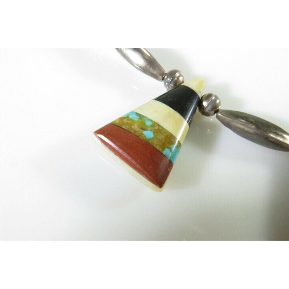 Beautiful Inlaid Stone Tab Choker Necklace With Sterling Silver Pearls & Melons - Picture 11 of 12